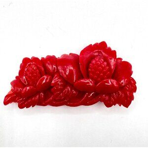 Vintage Carved Red Flower And Leaf Motifs Brooch